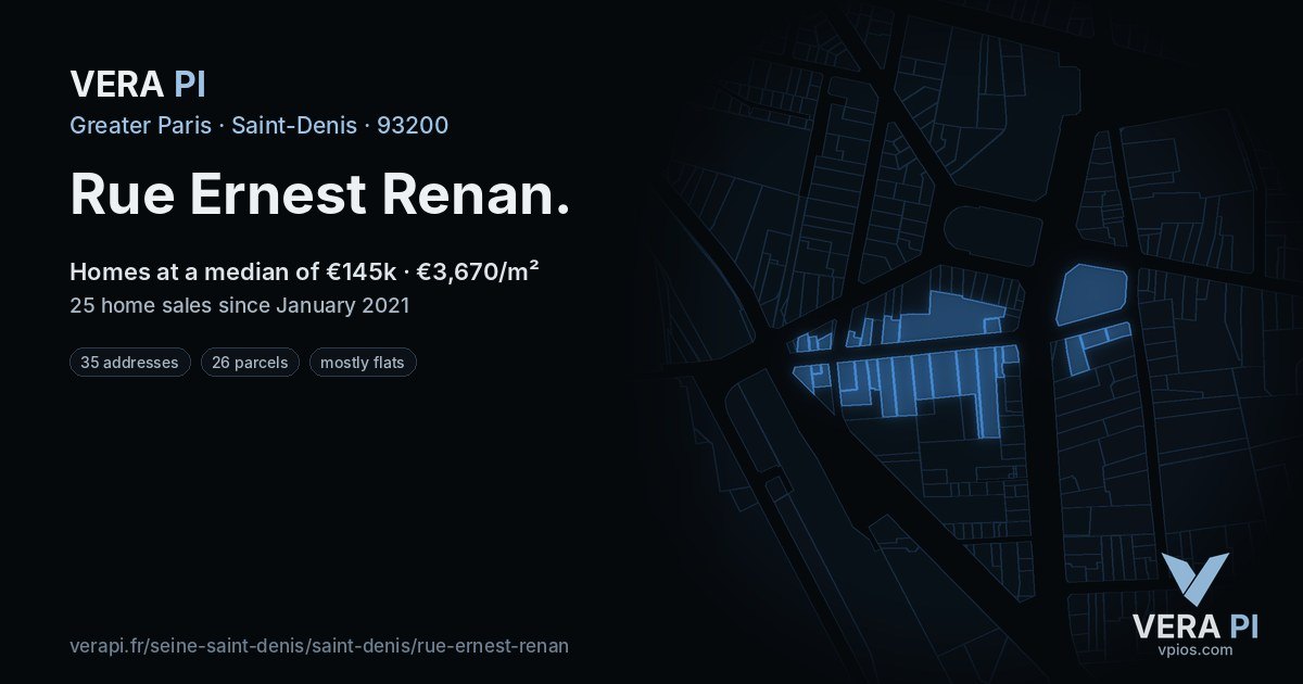Rue Ernest Renan, Saint-Denis at night – every parcel coloured by the prices around it, the street's own parcels lit