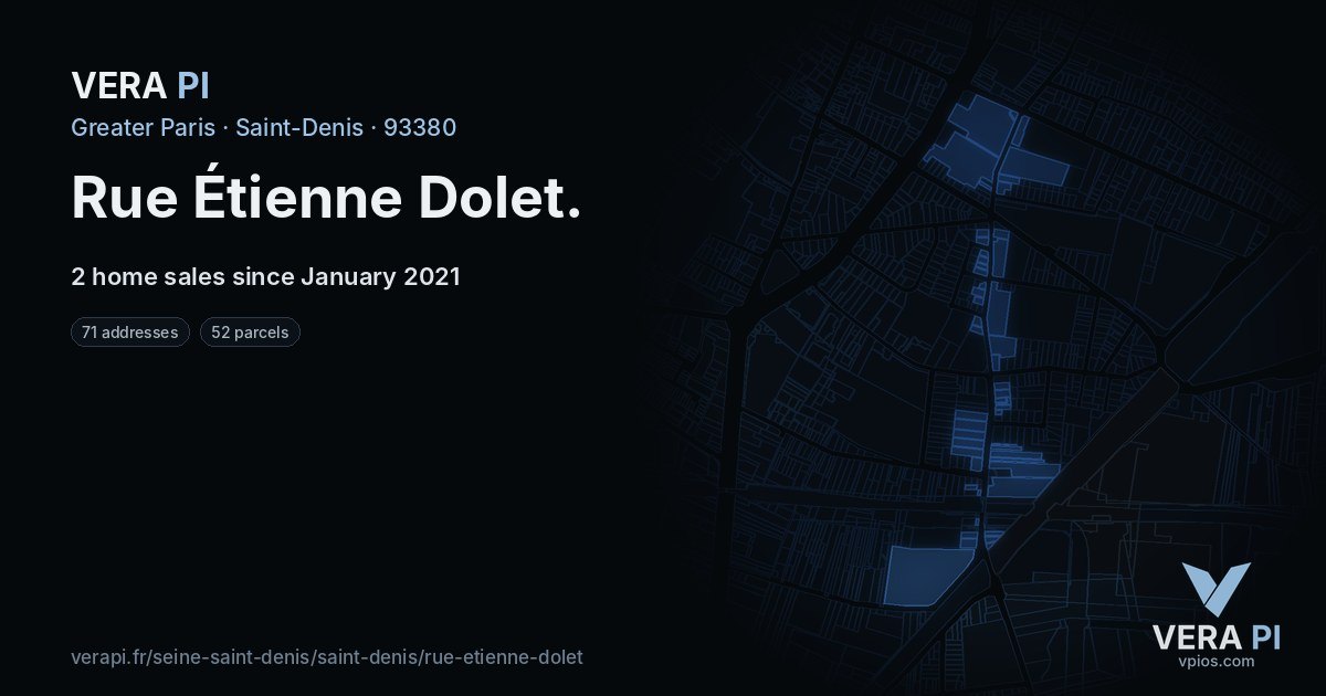 Rue Étienne Dolet, Saint-Denis at night – every parcel coloured by the prices around it, the street's own parcels lit