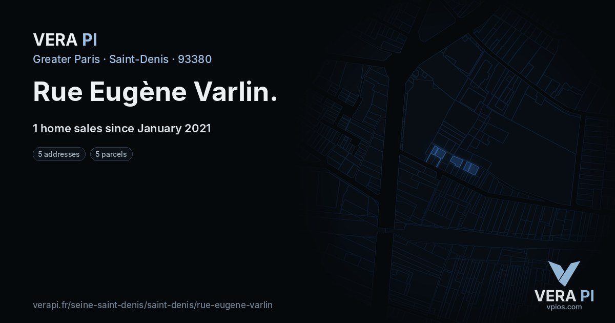 Rue Eugène Varlin, Saint-Denis at night – every parcel coloured by the prices around it, the street's own parcels lit