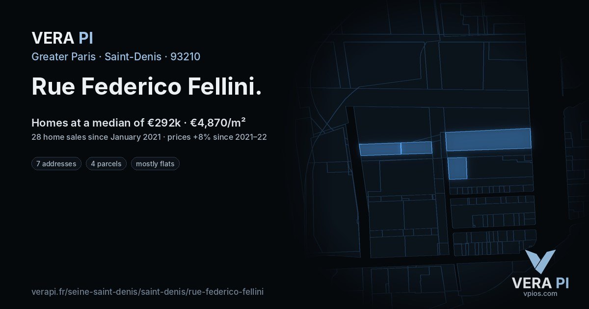 Rue Federico Fellini, Saint-Denis at night – every parcel coloured by the prices around it, the street's own parcels lit