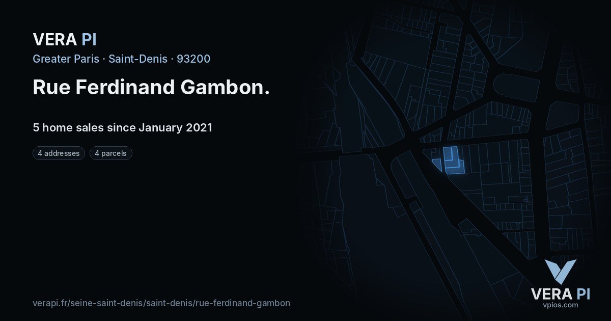 Rue Ferdinand Gambon, Saint-Denis at night – every parcel coloured by the prices around it, the street's own parcels lit