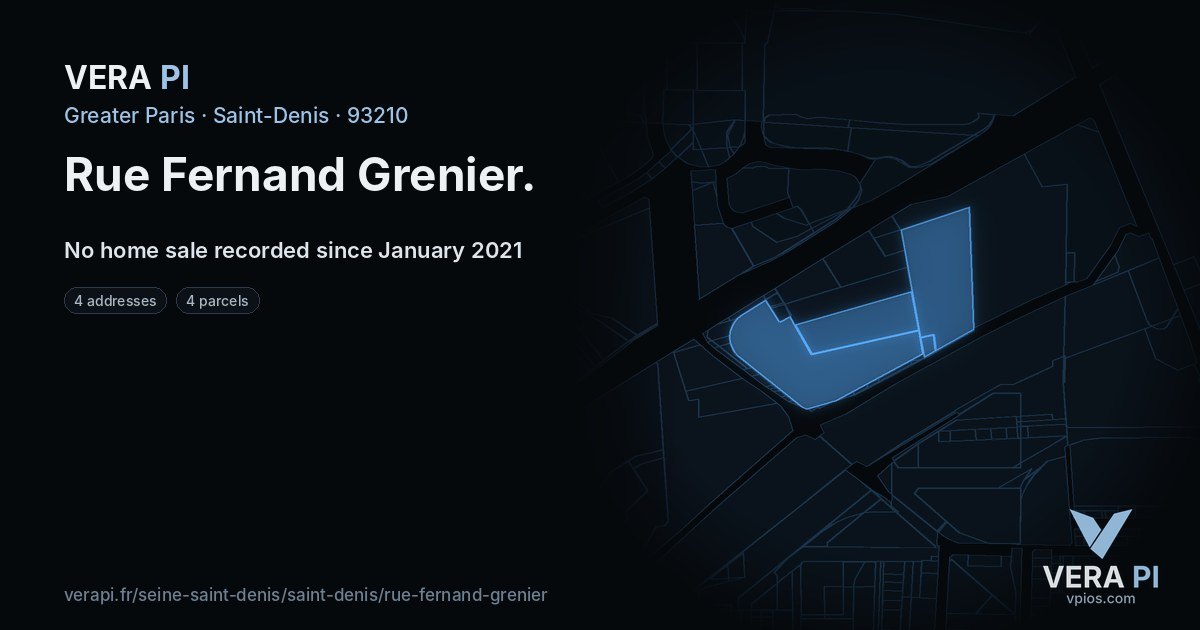 Rue Fernand Grenier, Saint-Denis at night – every parcel coloured by the prices around it, the street's own parcels lit