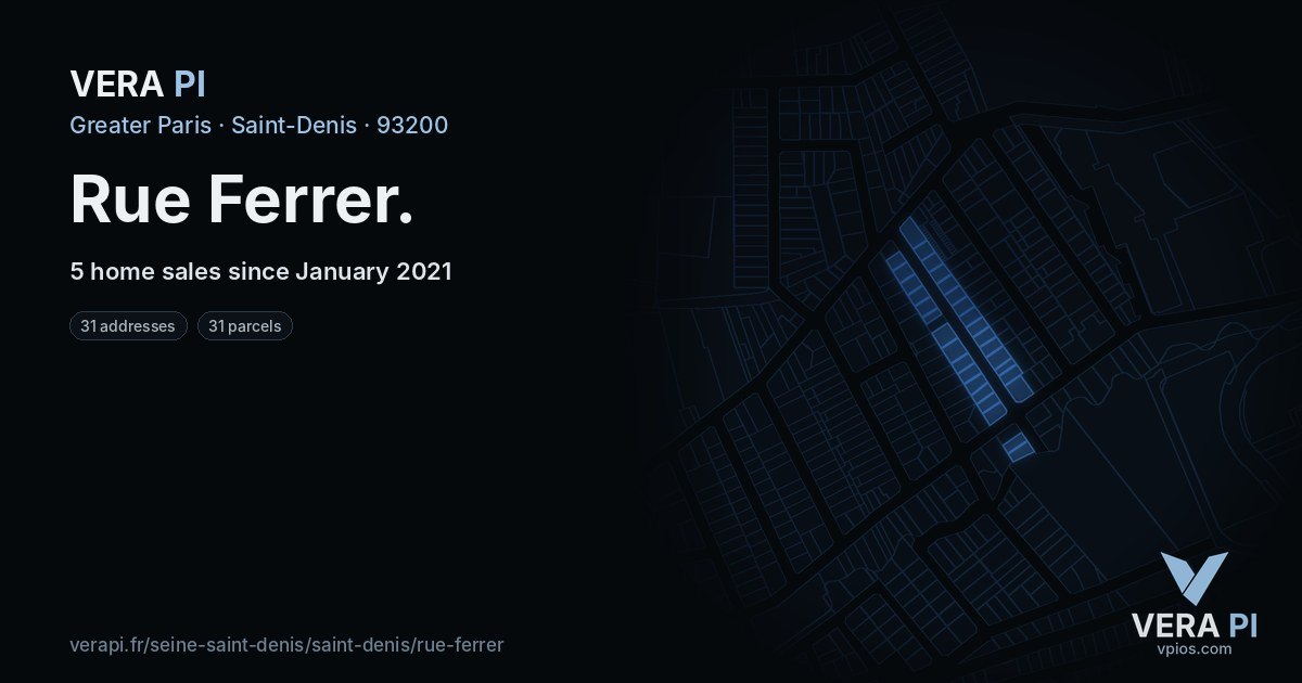 Rue Ferrer, Saint-Denis at night – every parcel coloured by the prices around it, the street's own parcels lit