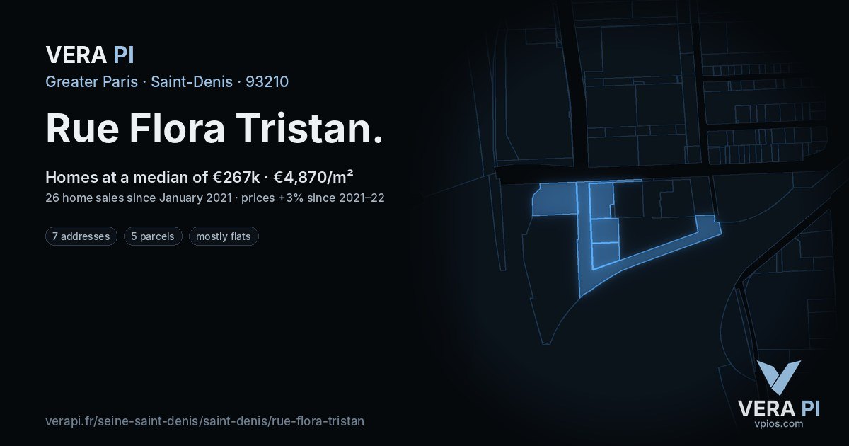 Rue Flora Tristan, Saint-Denis at night – every parcel coloured by the prices around it, the street's own parcels lit
