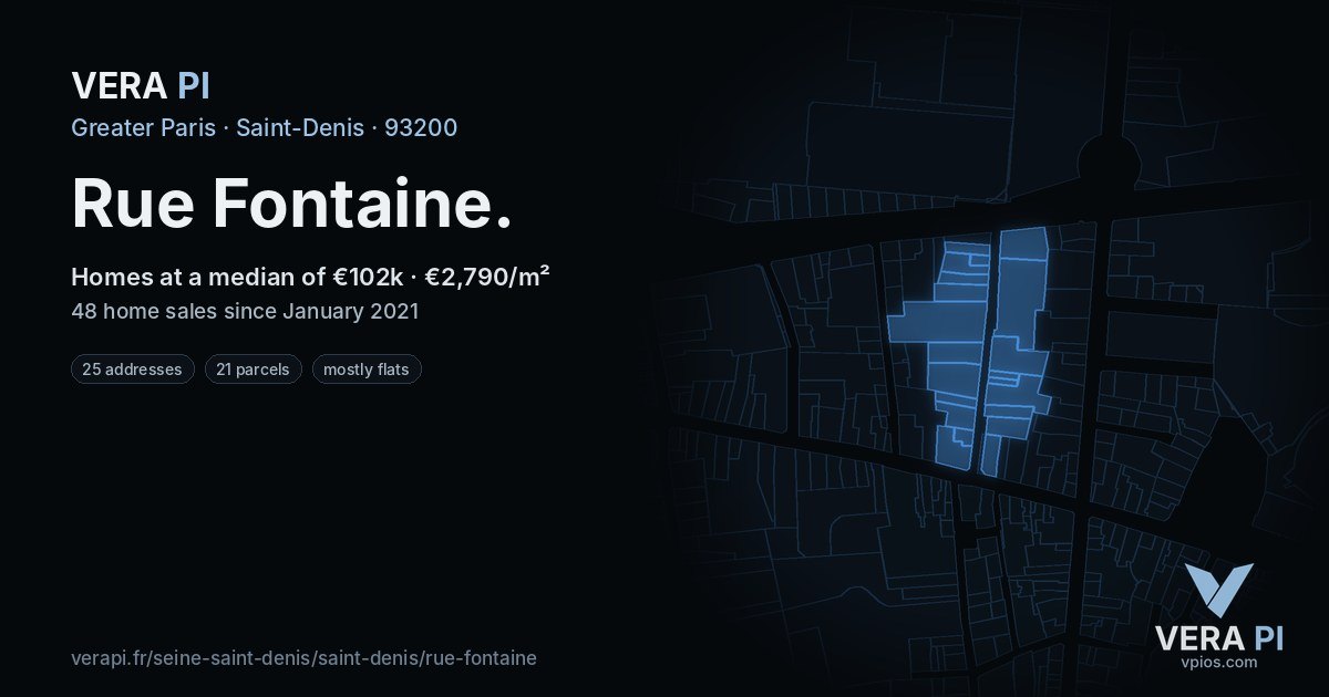 Rue Fontaine, Saint-Denis at night – every parcel coloured by the prices around it, the street's own parcels lit