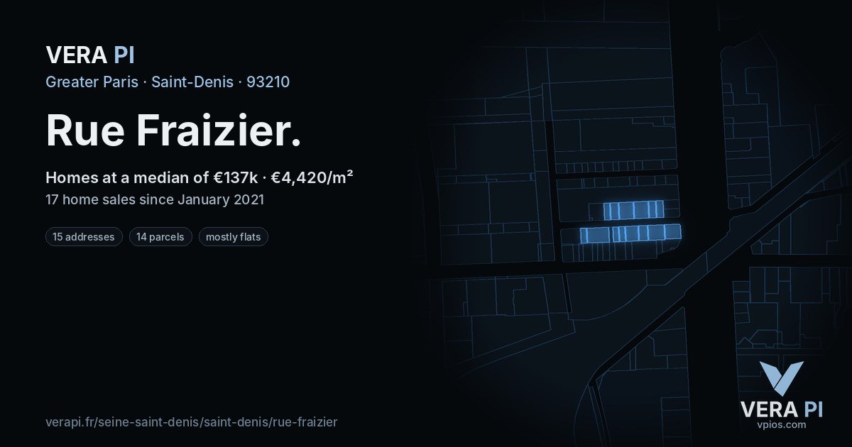 Rue Fraizier, Saint-Denis at night – every parcel coloured by the prices around it, the street's own parcels lit