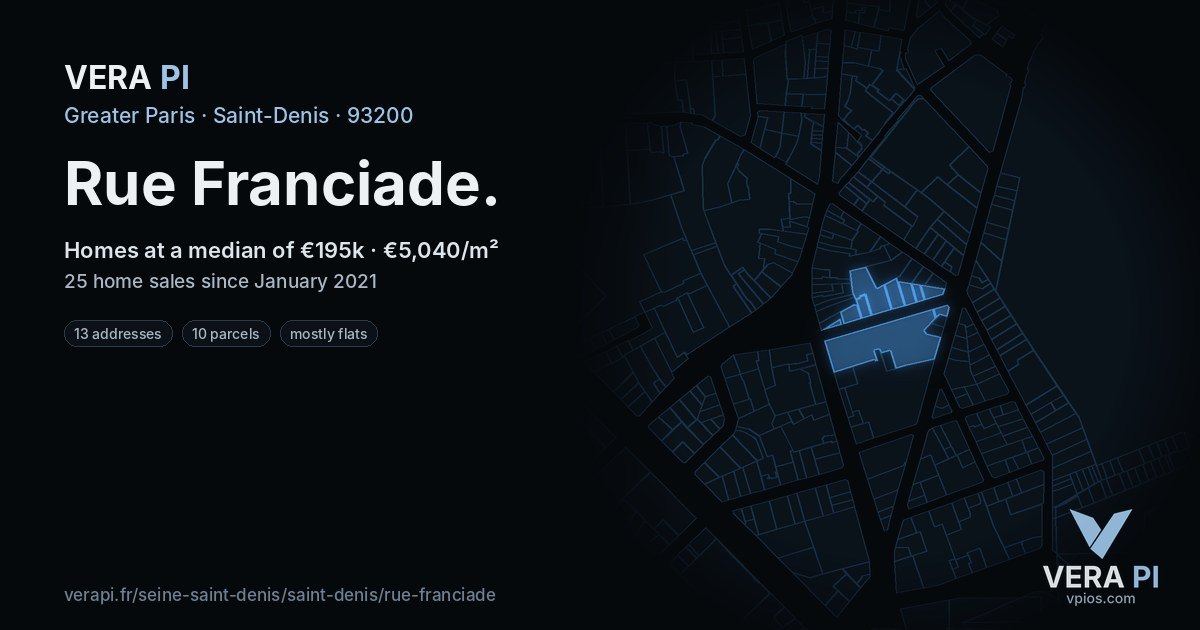 Rue Franciade, Saint-Denis at night – every parcel coloured by the prices around it, the street's own parcels lit