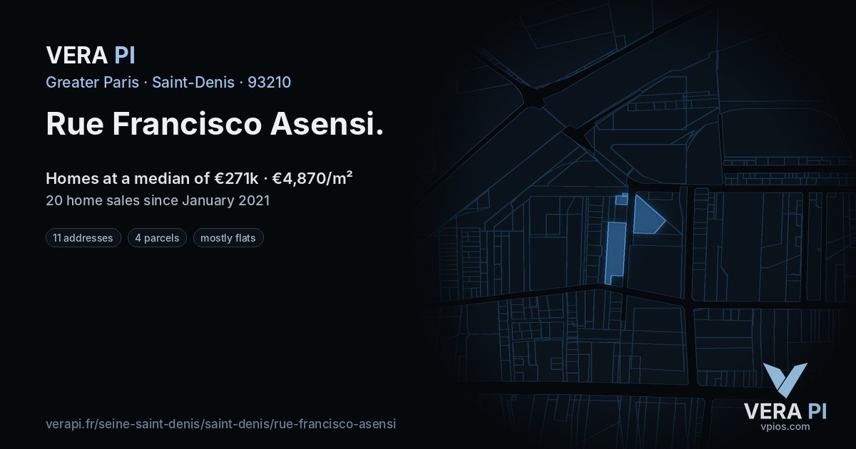 Rue Francisco Asensi, Saint-Denis at night – every parcel coloured by the prices around it, the street's own parcels lit