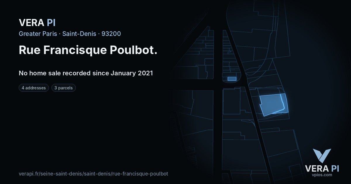 Rue Francisque Poulbot, Saint-Denis at night – every parcel coloured by the prices around it, the street's own parcels lit