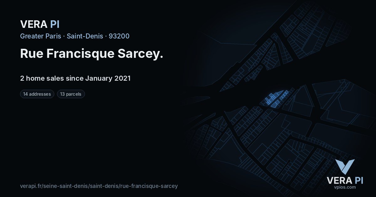 Rue Francisque Sarcey, Saint-Denis at night – every parcel coloured by the prices around it, the street's own parcels lit