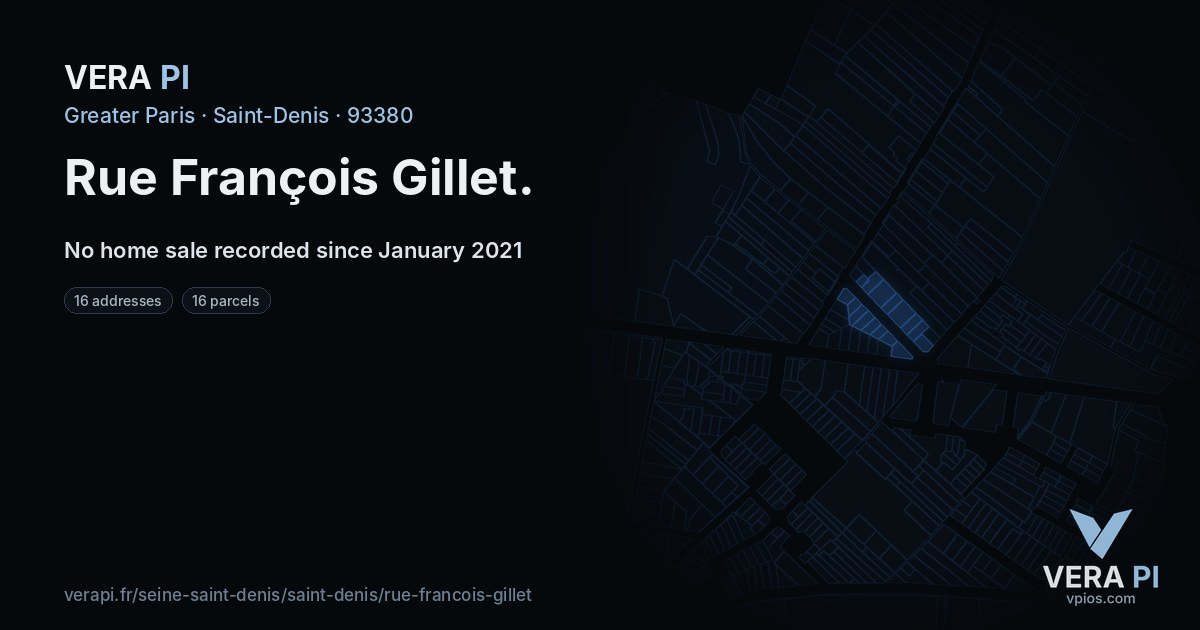 Rue François Gillet, Saint-Denis at night – every parcel coloured by the prices around it, the street's own parcels lit