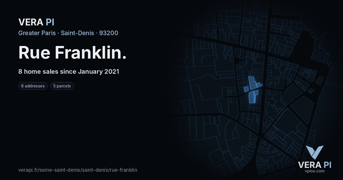 Rue Franklin, Saint-Denis at night – every parcel coloured by the prices around it, the street's own parcels lit