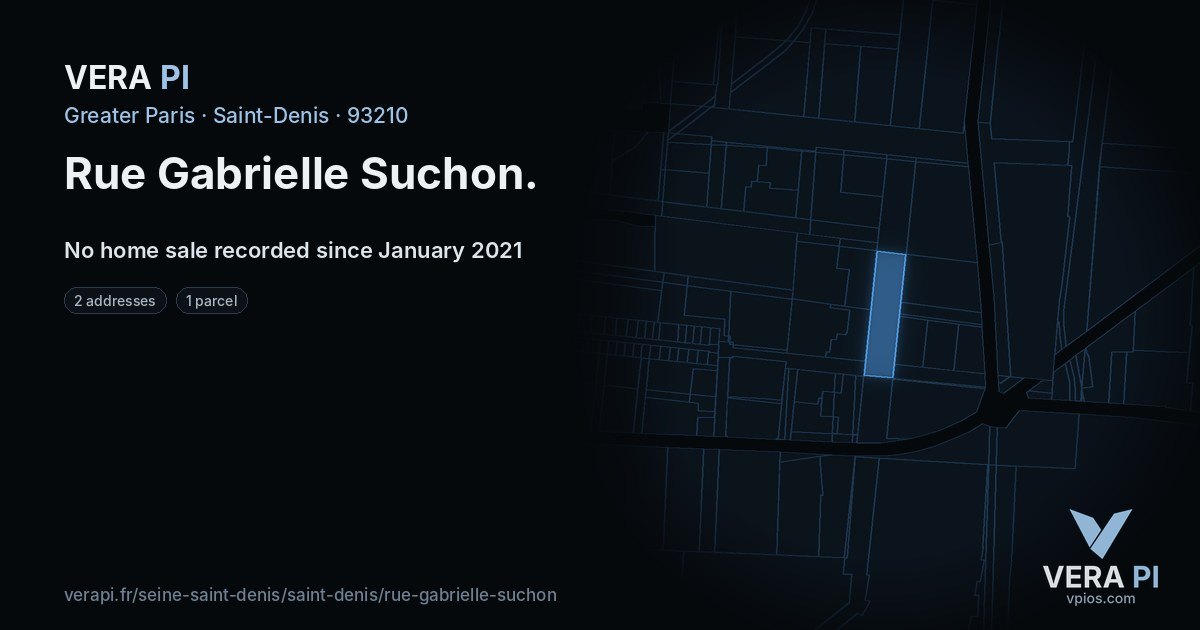 Rue Gabrielle Suchon, Saint-Denis at night – every parcel coloured by the prices around it, the street's own parcels lit