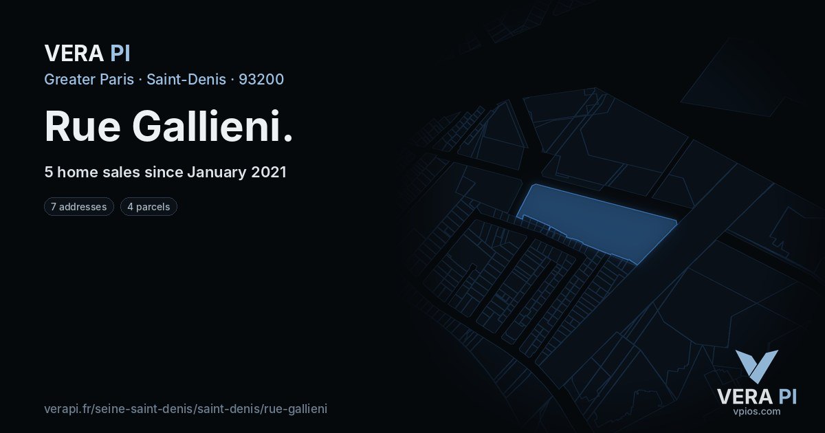 Rue Gallieni, Saint-Denis at night – every parcel coloured by the prices around it, the street's own parcels lit