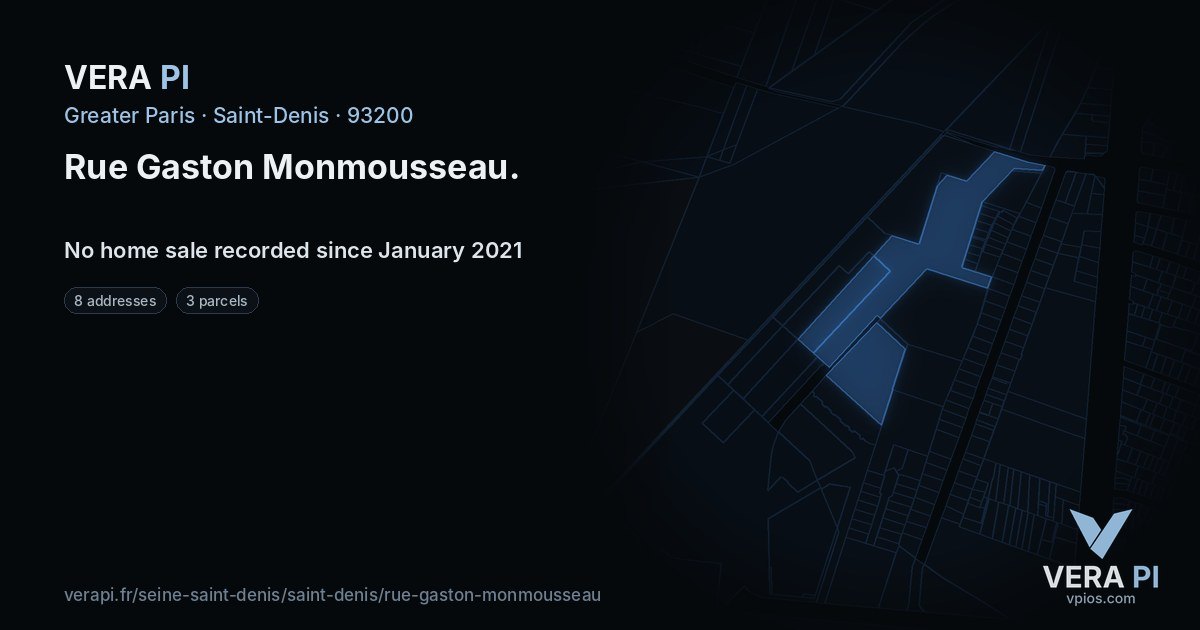 Rue Gaston Monmousseau, Saint-Denis at night – every parcel coloured by the prices around it, the street's own parcels lit