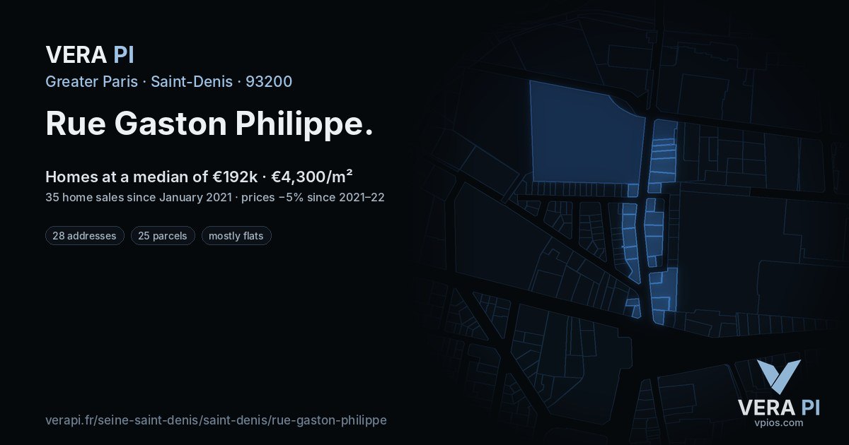 Rue Gaston Philippe, Saint-Denis at night – every parcel coloured by the prices around it, the street's own parcels lit