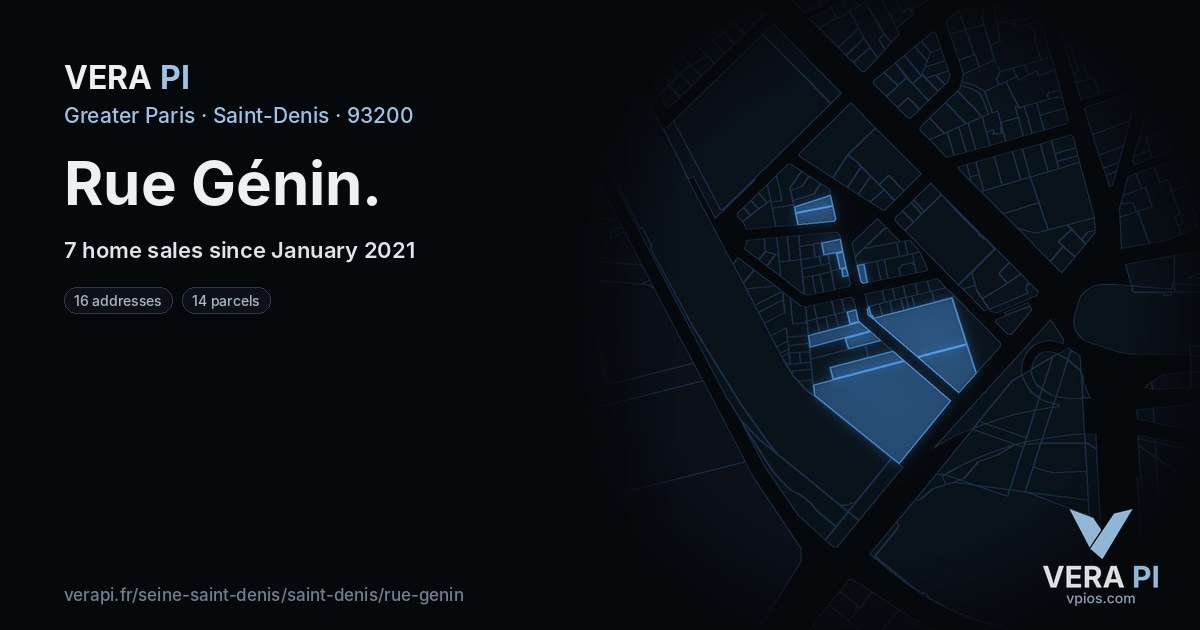 Rue Génin, Saint-Denis at night – every parcel coloured by the prices around it, the street's own parcels lit