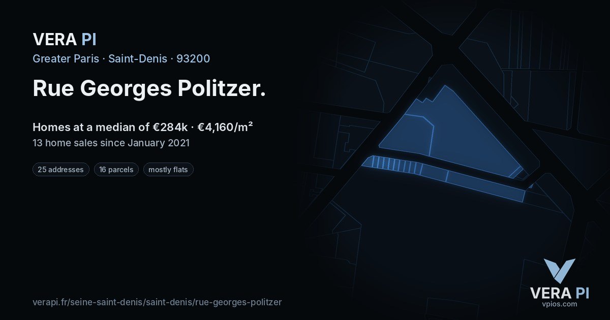 Rue Georges Politzer, Saint-Denis at night – every parcel coloured by the prices around it, the street's own parcels lit