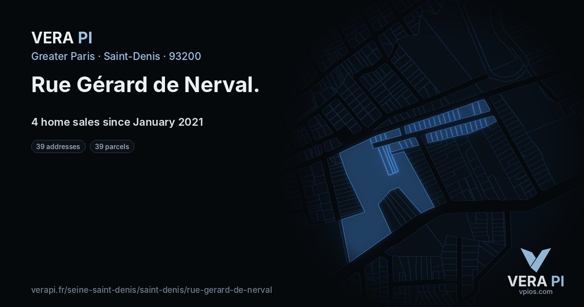 Rue Gérard de Nerval, Saint-Denis at night – every parcel coloured by the prices around it, the street's own parcels lit