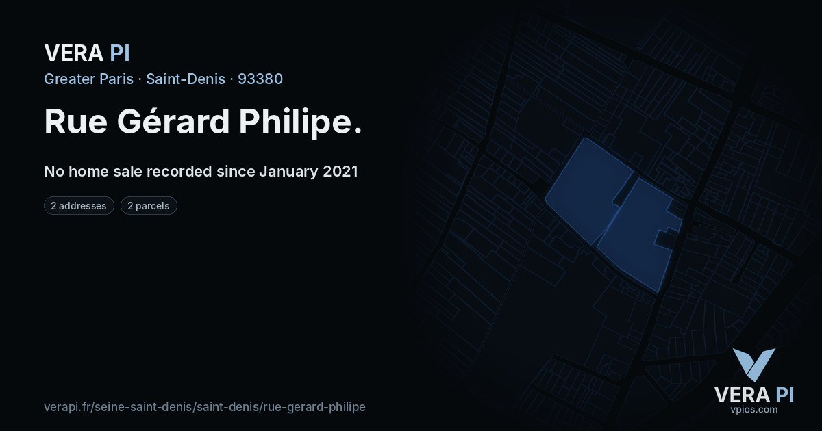 Rue Gérard Philipe, Saint-Denis at night – every parcel coloured by the prices around it, the street's own parcels lit