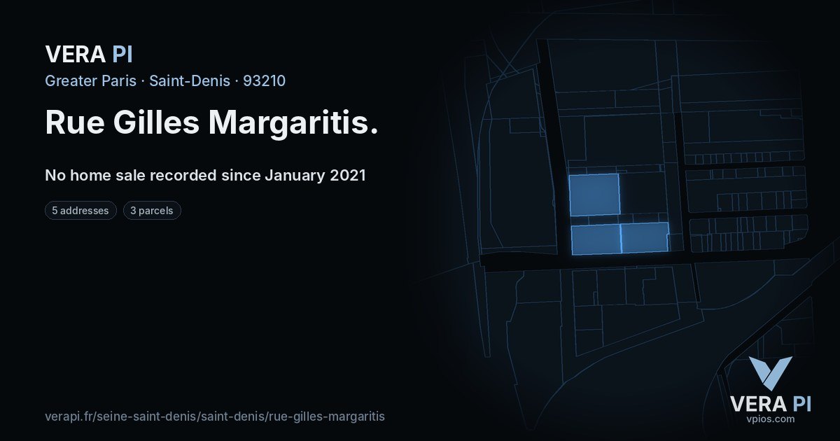 Rue Gilles Margaritis, Saint-Denis at night – every parcel coloured by the prices around it, the street's own parcels lit