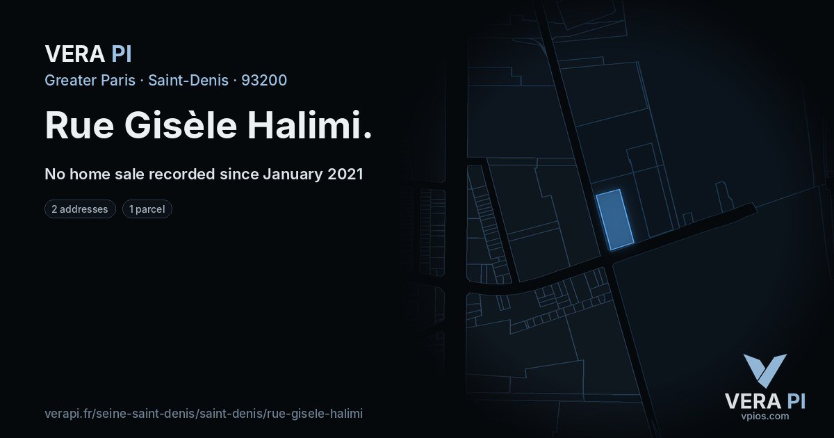 Rue Gisèle Halimi, Saint-Denis at night – every parcel coloured by the prices around it, the street's own parcels lit