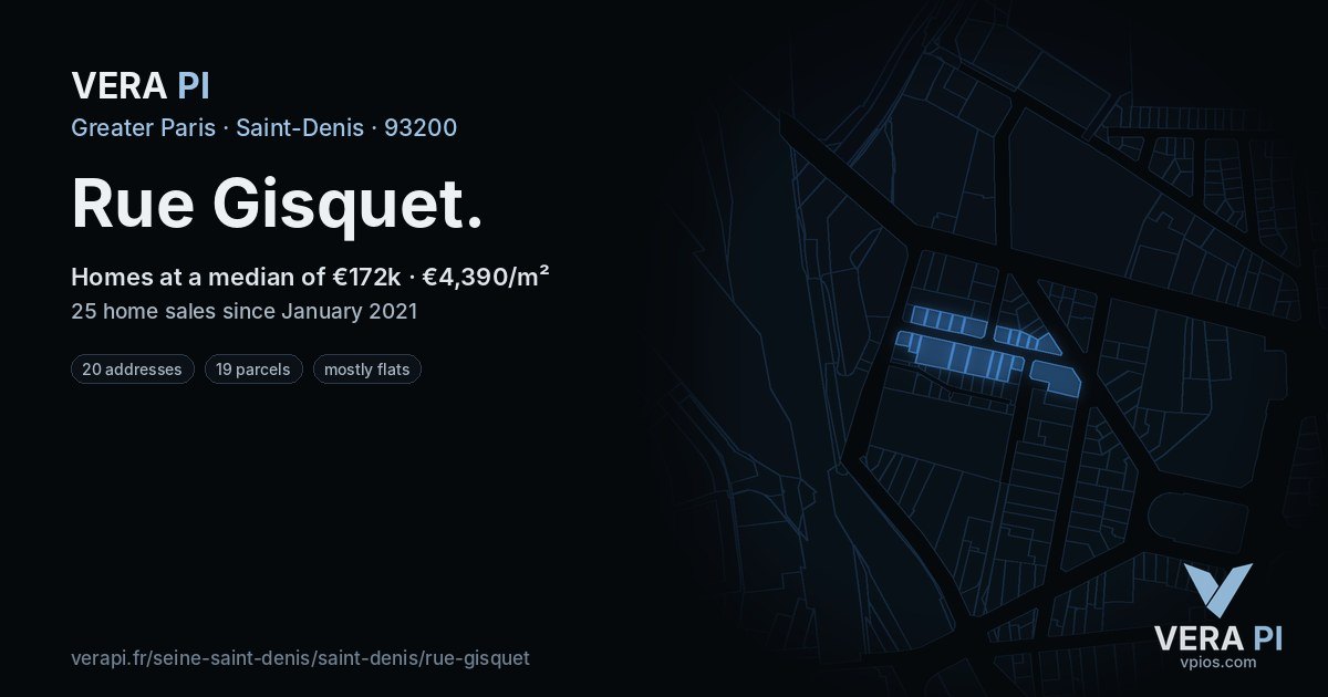 Rue Gisquet, Saint-Denis at night – every parcel coloured by the prices around it, the street's own parcels lit