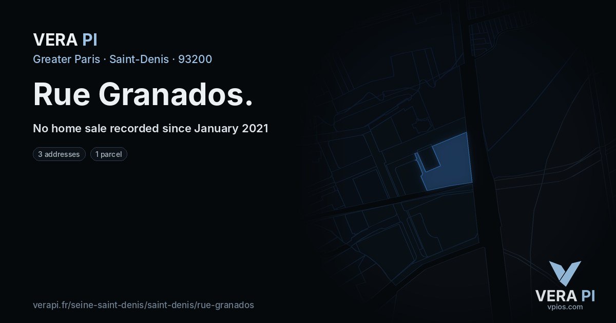 Rue Granados, Saint-Denis at night – every parcel coloured by the prices around it, the street's own parcels lit