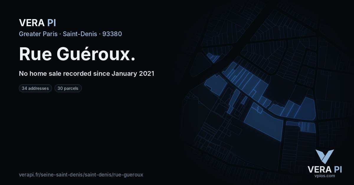 Rue Guéroux, Saint-Denis at night – every parcel coloured by the prices around it, the street's own parcels lit