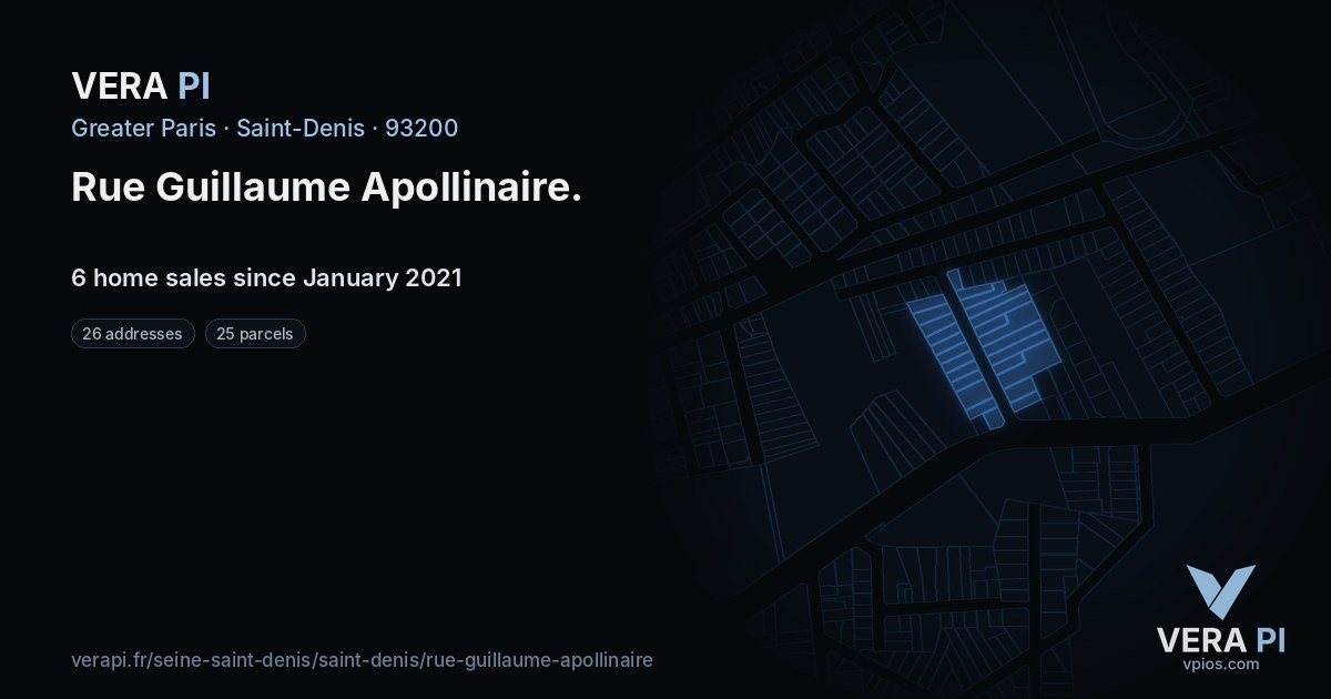 Rue Guillaume Apollinaire, Saint-Denis at night – every parcel coloured by the prices around it, the street's own parcels lit