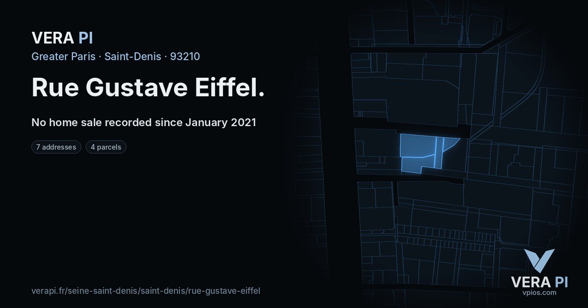 Rue Gustave Eiffel, Saint-Denis at night – every parcel coloured by the prices around it, the street's own parcels lit