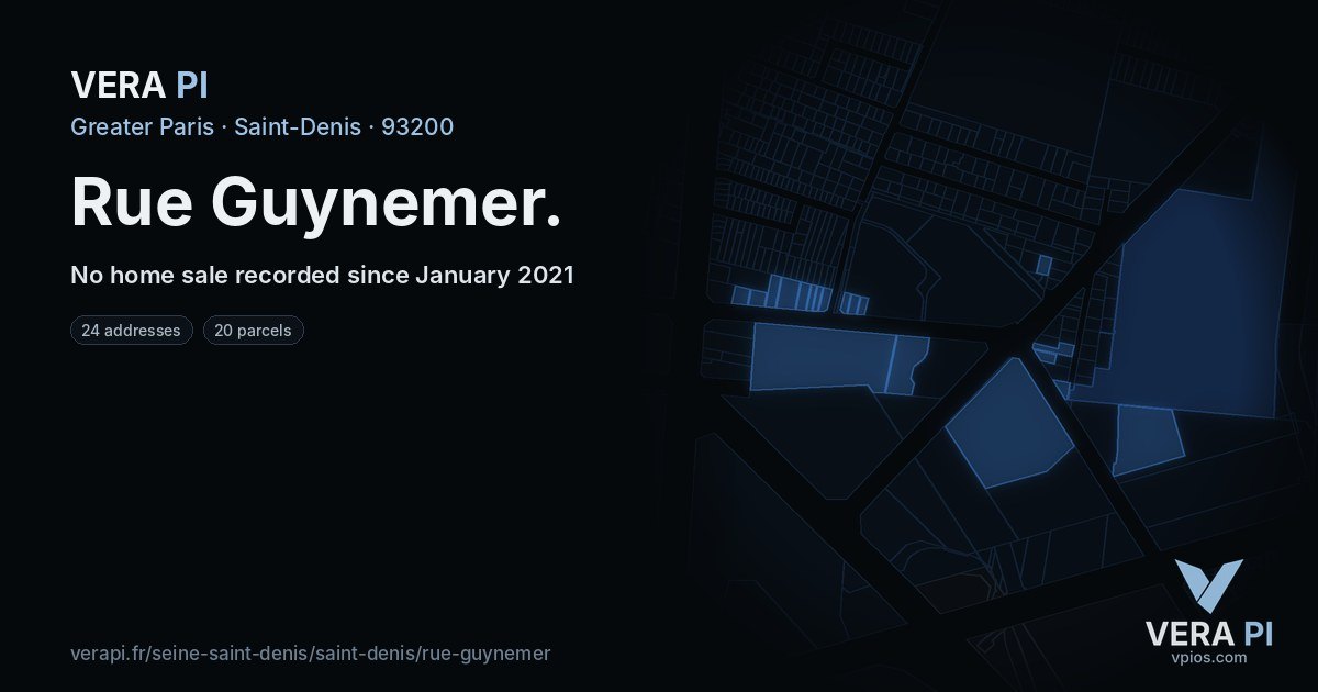 Rue Guynemer, Saint-Denis at night – every parcel coloured by the prices around it, the street's own parcels lit