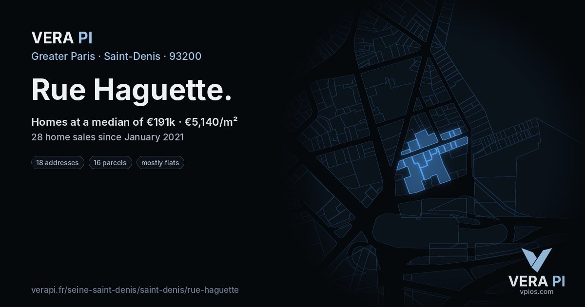 Rue Haguette, Saint-Denis at night – every parcel coloured by the prices around it, the street's own parcels lit