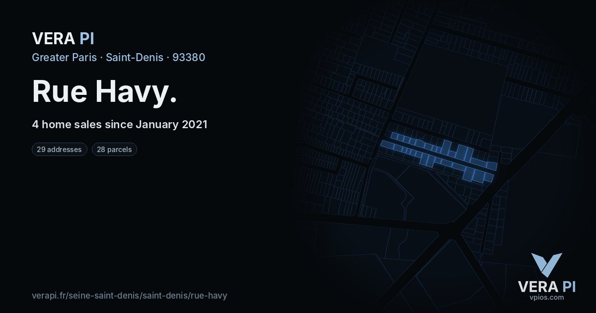 Rue Havy, Saint-Denis at night – every parcel coloured by the prices around it, the street's own parcels lit