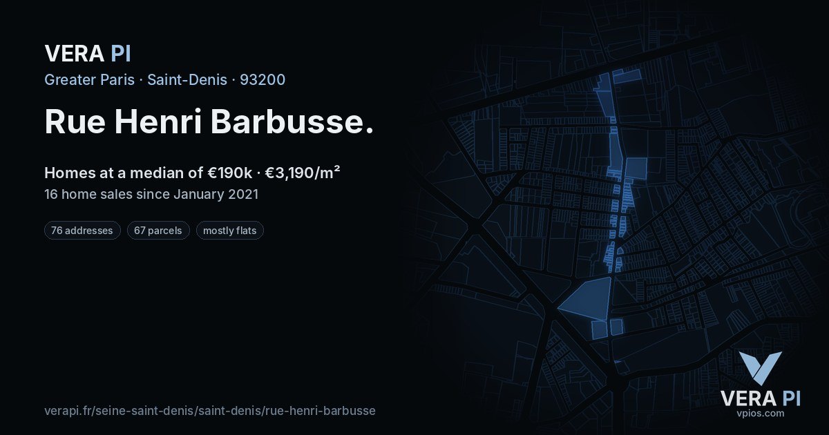 Rue Henri Barbusse, Saint-Denis at night – every parcel coloured by the prices around it, the street's own parcels lit