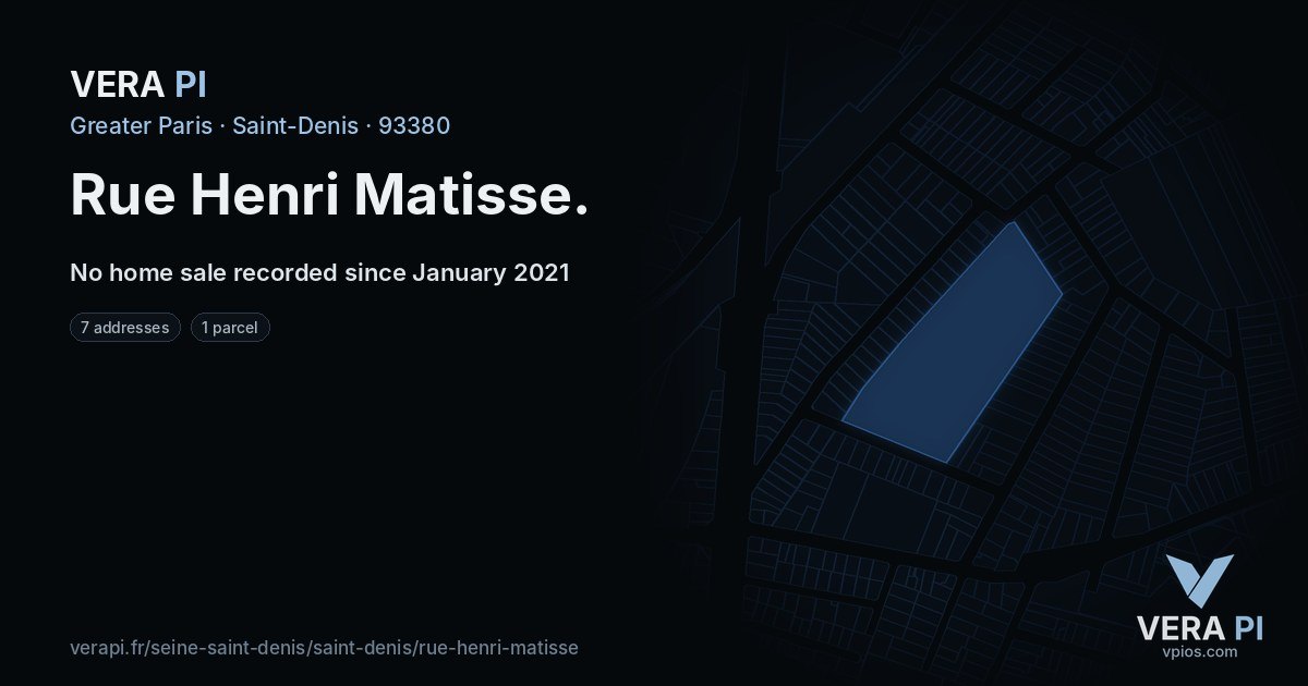 Rue Henri Matisse, Saint-Denis at night – every parcel coloured by the prices around it, the street's own parcels lit