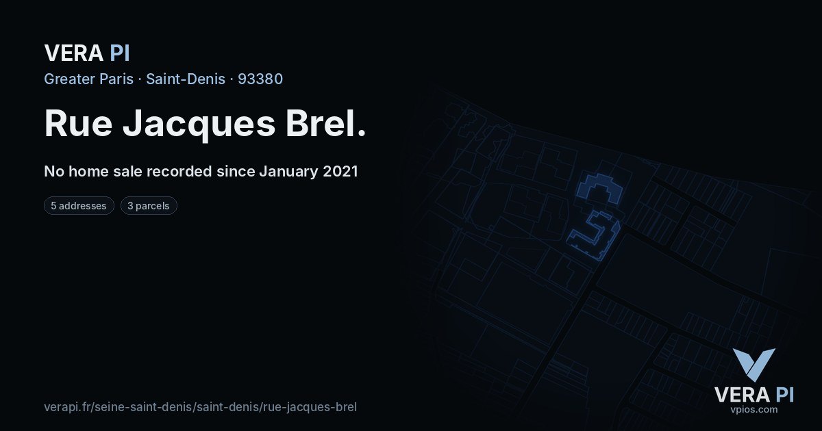 Rue Jacques Brel, Saint-Denis at night – every parcel coloured by the prices around it, the street's own parcels lit