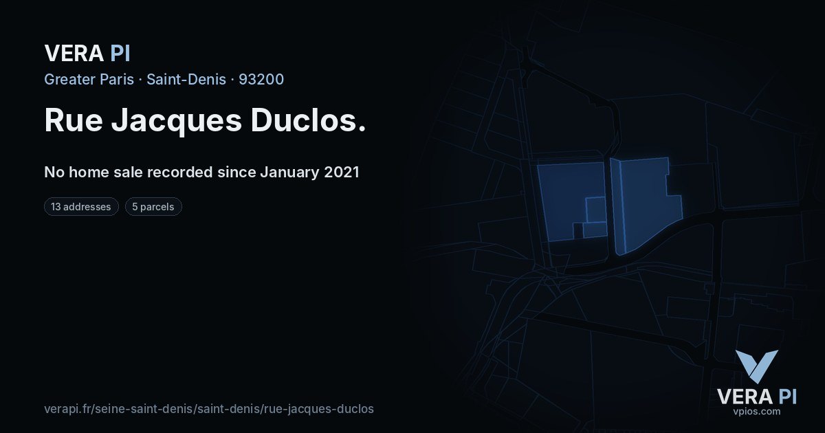 Rue Jacques Duclos, Saint-Denis at night – every parcel coloured by the prices around it, the street's own parcels lit