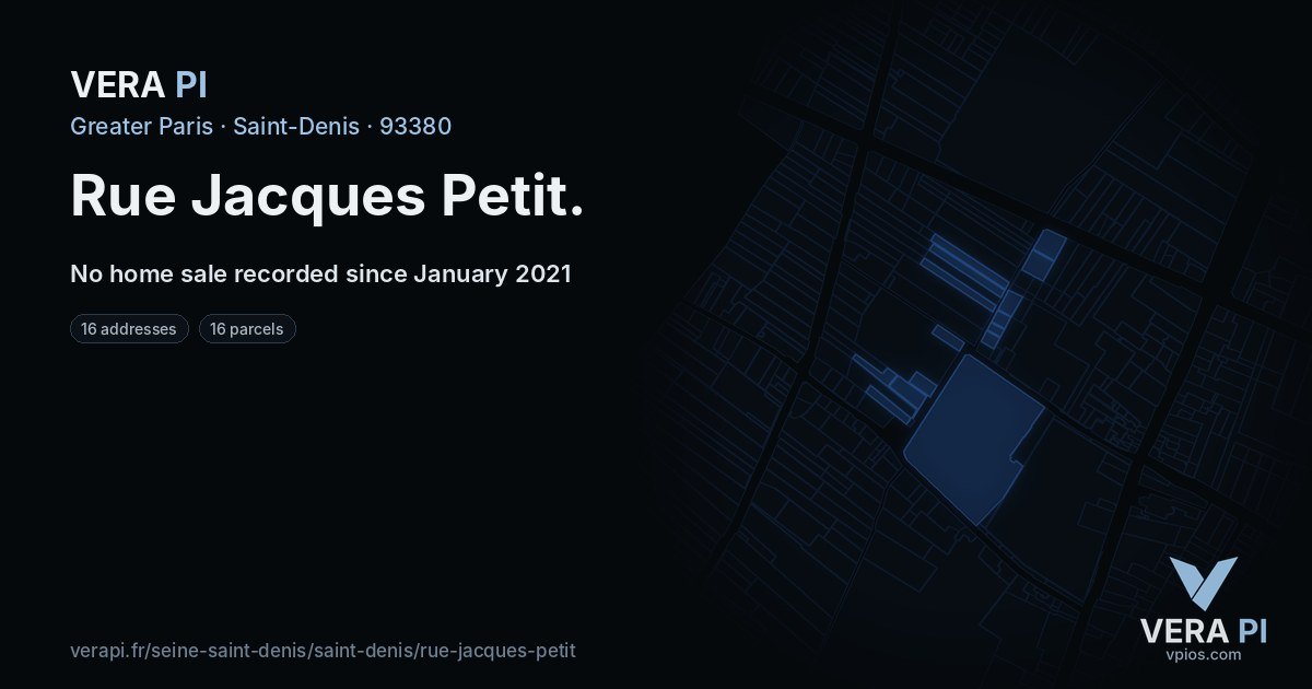 Rue Jacques Petit, Saint-Denis at night – every parcel coloured by the prices around it, the street's own parcels lit