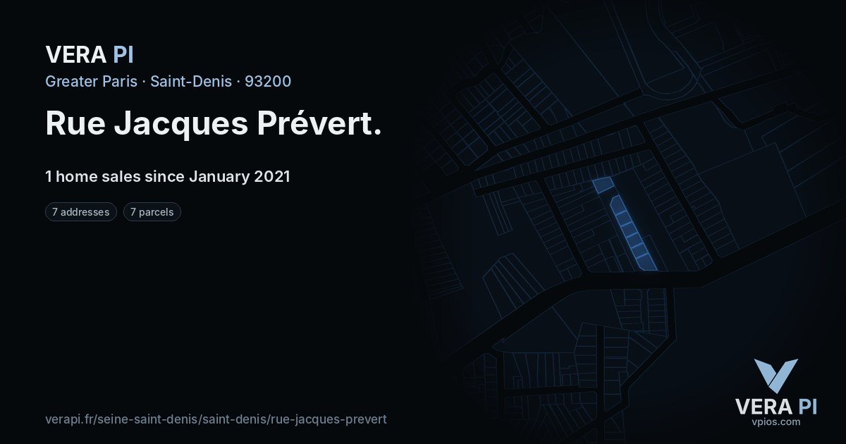 Rue Jacques Prévert, Saint-Denis at night – every parcel coloured by the prices around it, the street's own parcels lit