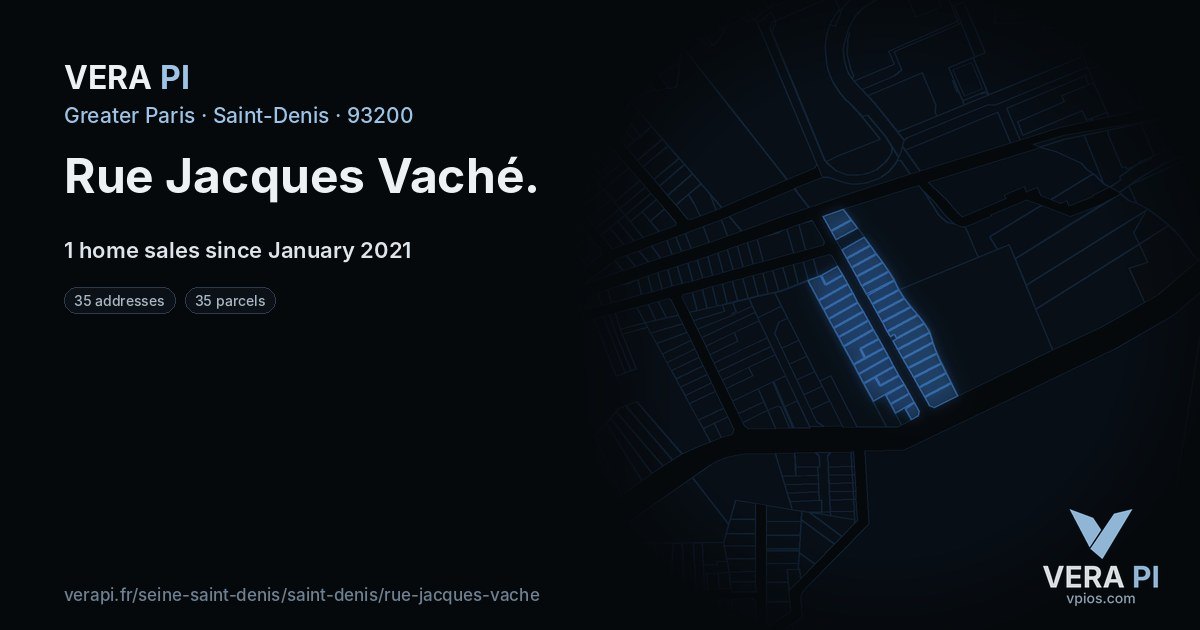 Rue Jacques Vaché, Saint-Denis at night – every parcel coloured by the prices around it, the street's own parcels lit