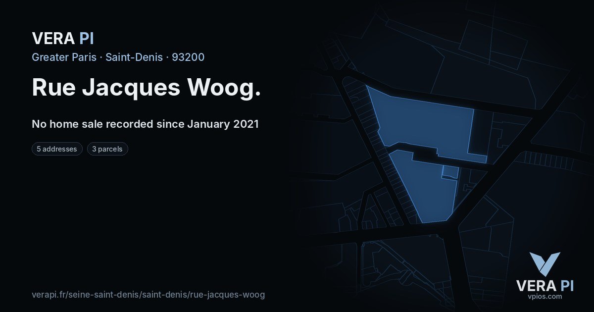 Rue Jacques Woog, Saint-Denis at night – every parcel coloured by the prices around it, the street's own parcels lit