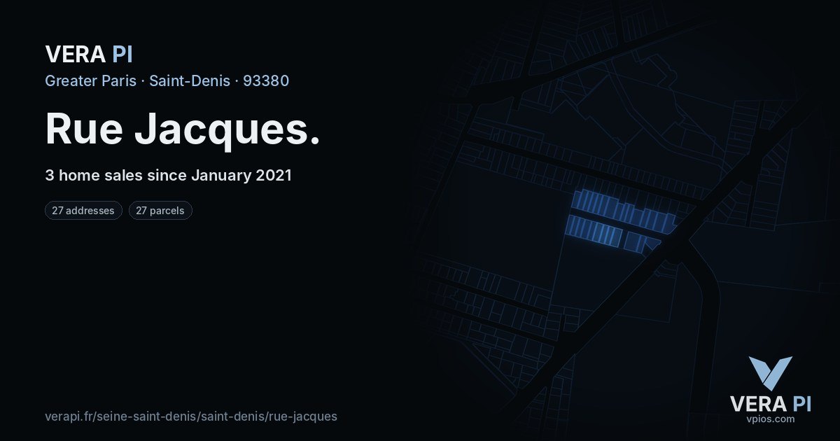Rue Jacques, Saint-Denis at night – every parcel coloured by the prices around it, the street's own parcels lit