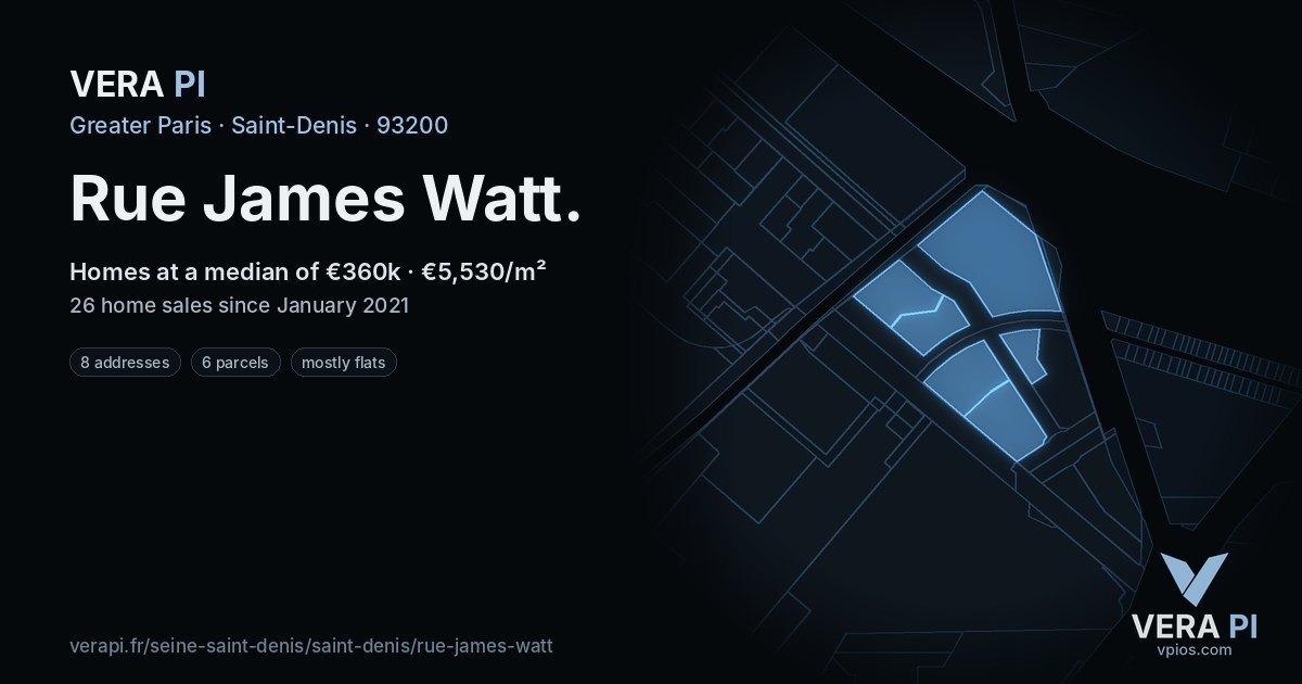 Rue James Watt, Saint-Denis at night – every parcel coloured by the prices around it, the street's own parcels lit