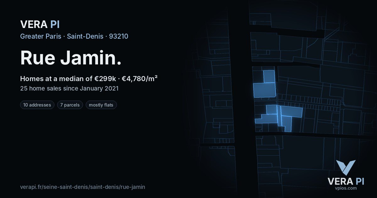 Rue Jamin, Saint-Denis at night – every parcel coloured by the prices around it, the street's own parcels lit