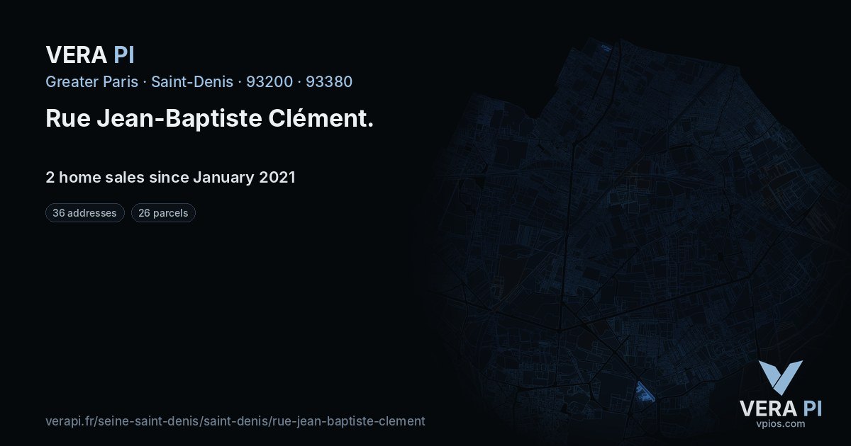 Rue Jean-Baptiste Clément, Saint-Denis at night – every parcel coloured by the prices around it, the street's own parcels lit