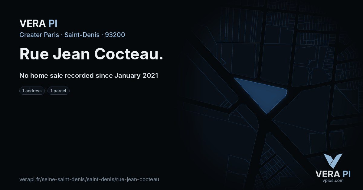 Rue Jean Cocteau, Saint-Denis at night – every parcel coloured by the prices around it, the street's own parcels lit