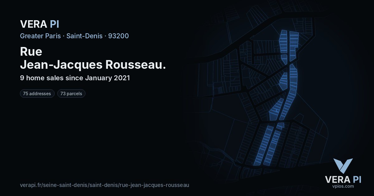 Rue Jean-Jacques Rousseau, Saint-Denis at night – every parcel coloured by the prices around it, the street's own parcels lit