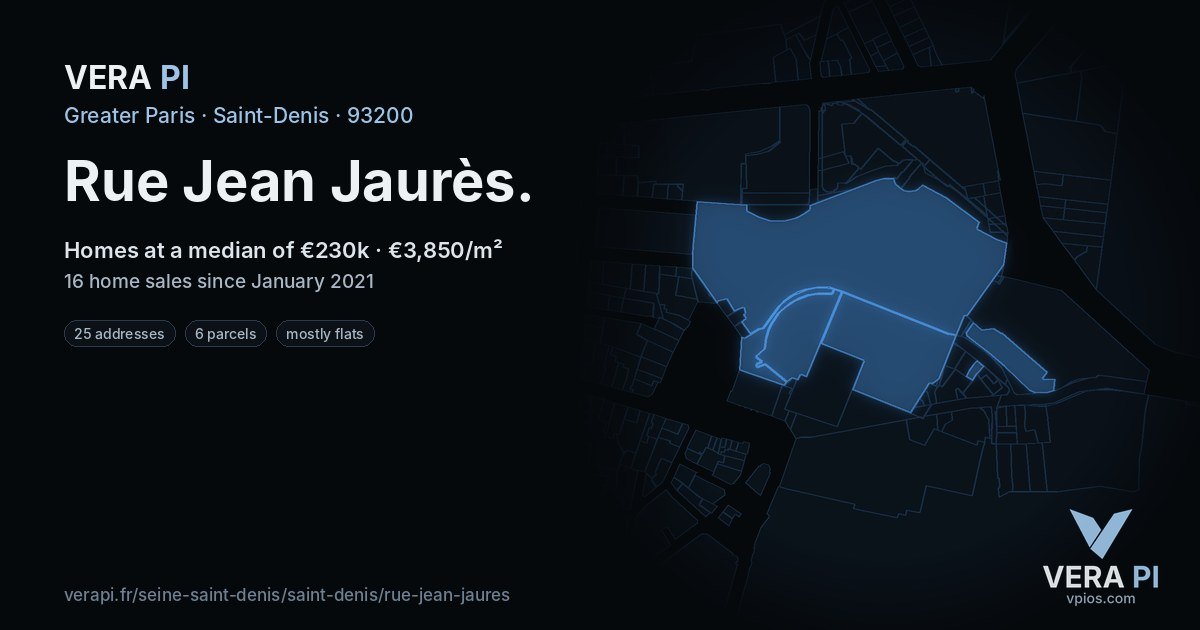 Rue Jean Jaurès, Saint-Denis at night – every parcel coloured by the prices around it, the street's own parcels lit