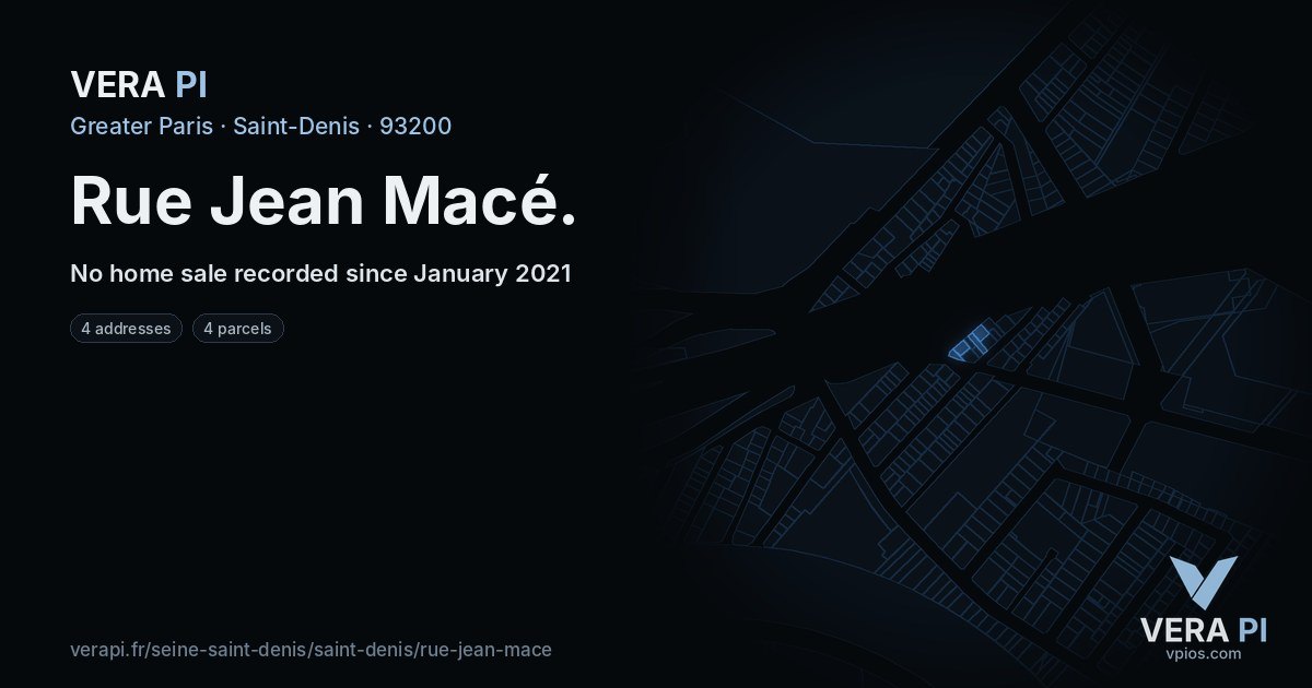 Rue Jean Macé, Saint-Denis at night – every parcel coloured by the prices around it, the street's own parcels lit